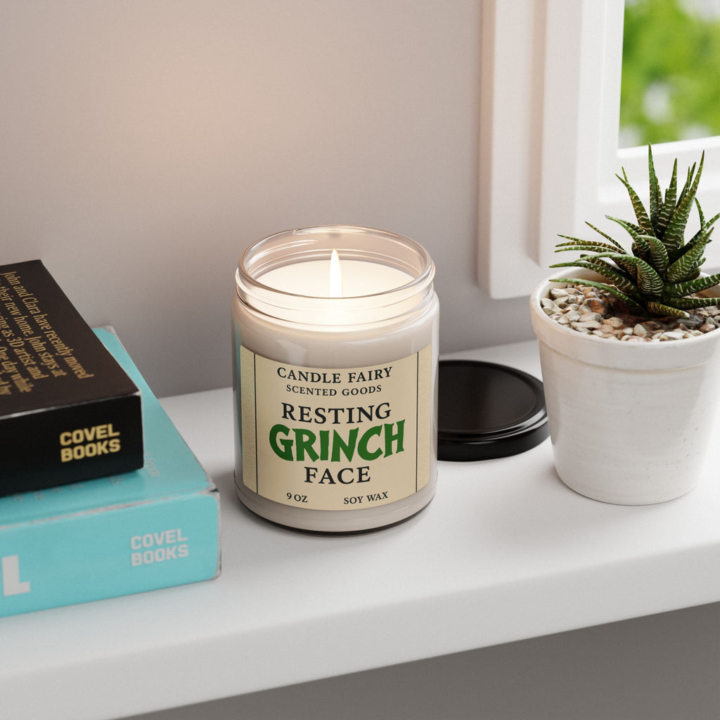 Resting Grinch Face Scented Soy Candle — 9oz Holiday Aromatherapy Jar